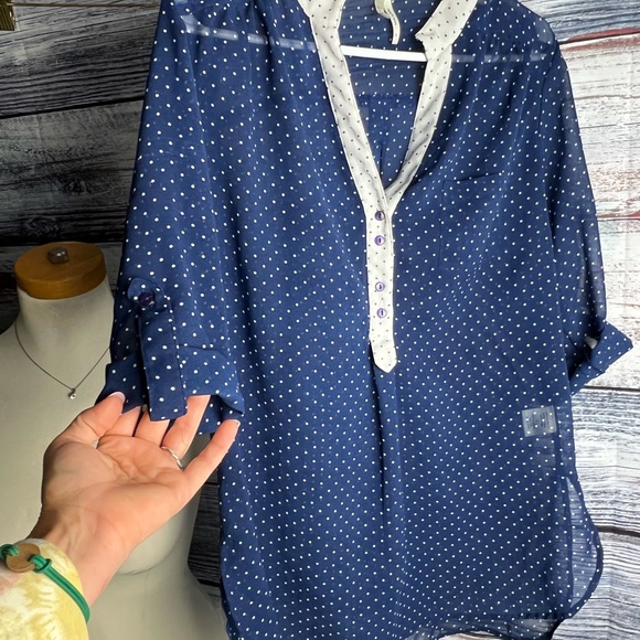 NYC NEW YORK FASHION Navy Polka Dot Sheer Women Blouse 3/4 sleeve size Large - Picture 4 of 5